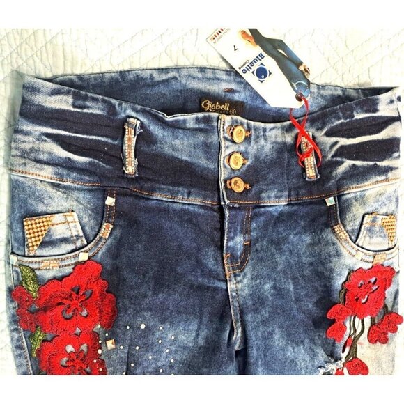 Giobell Jeans Juniors 7/9 Distressed Embroidered Embellished Jeans 28" Inseam - Picture 8 of 11